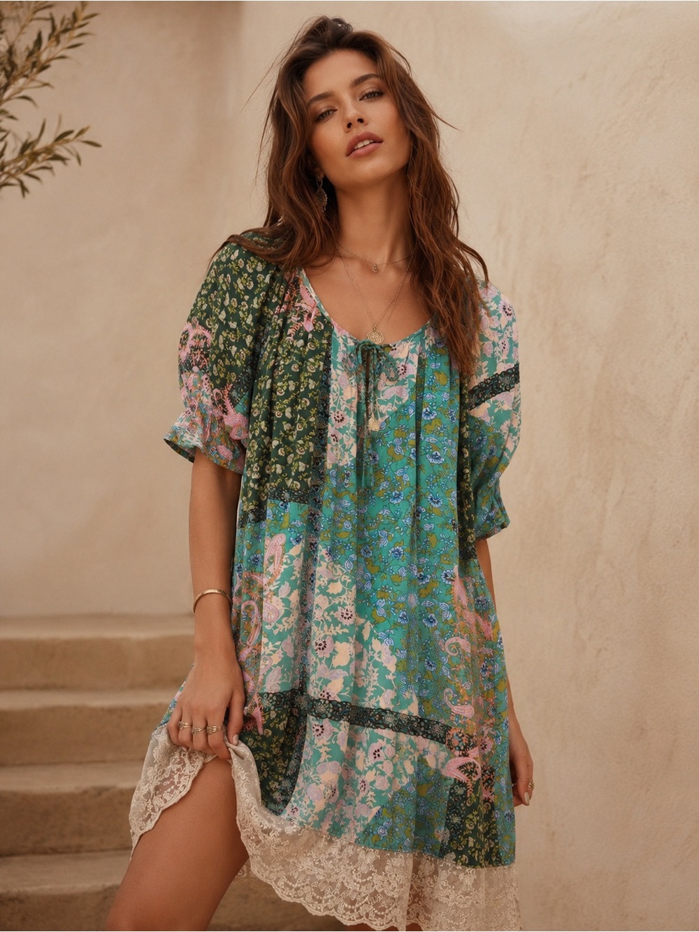 Kori America Boho Patchwork Floral Lace Hem Tunic Dress Large